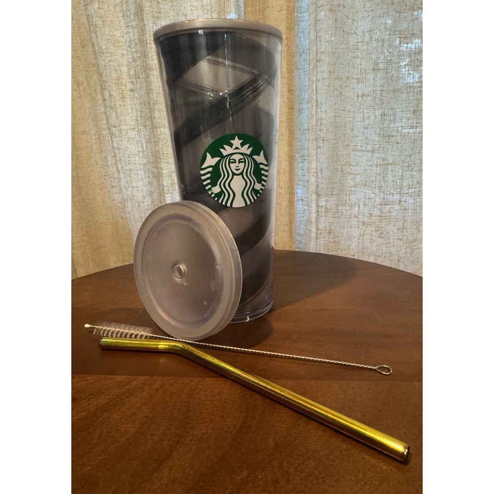 Starbucks 24 oz Cold Cup Tumbler Black Gray Swirl w Lid Metal Straw Brush, 2014